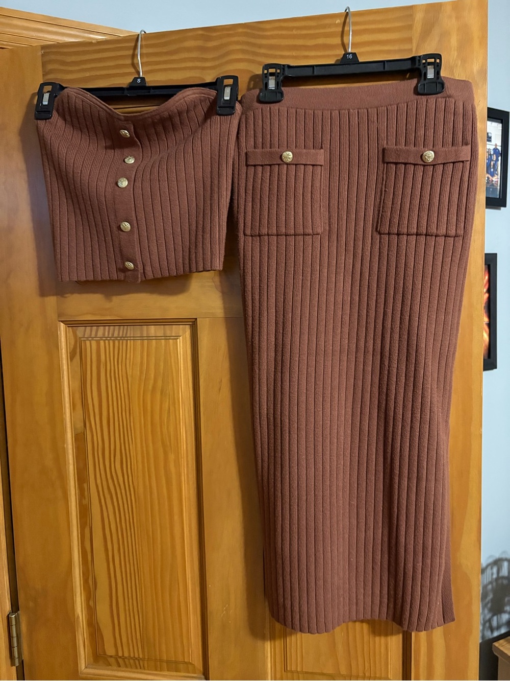 Ribbed Knit Midi Skirt in Rust with with matching strapless top